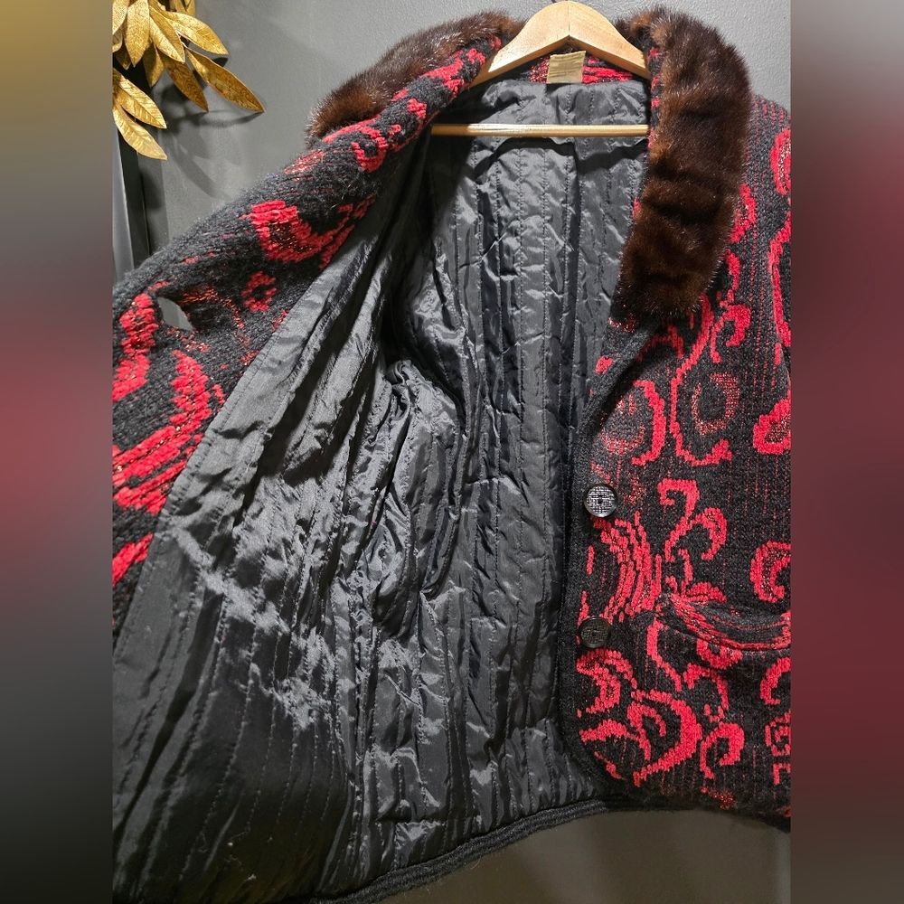 Vtg Red Black Gold Shimmer Coatigan Quilted Lined Cardigan Blazer Fur Collar - Picture 11 of 14